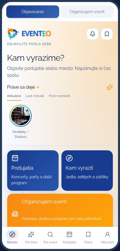Aktuálne rozhranie mobilnej aplikácie Eventeo